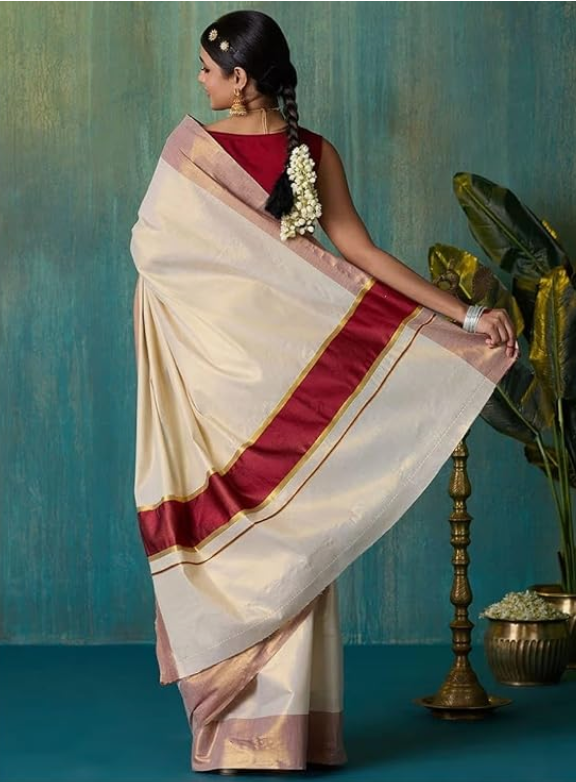 Women's Kerala Kasavu Golden Tissue Saree With Maroon Border